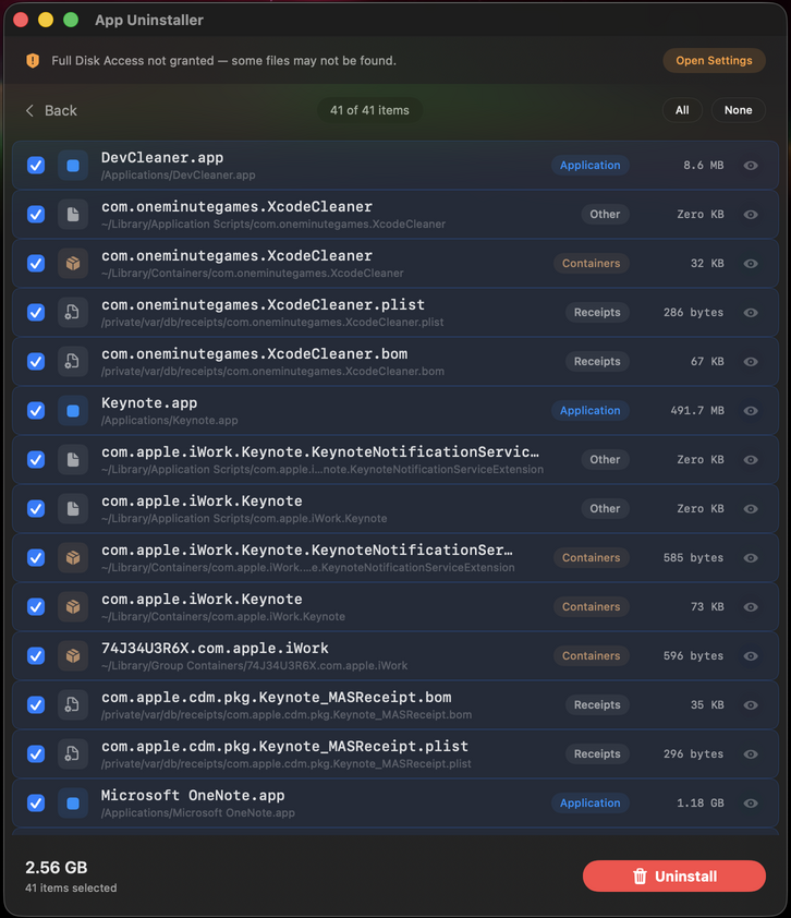 App Uninstaller — deep scan showing all app files